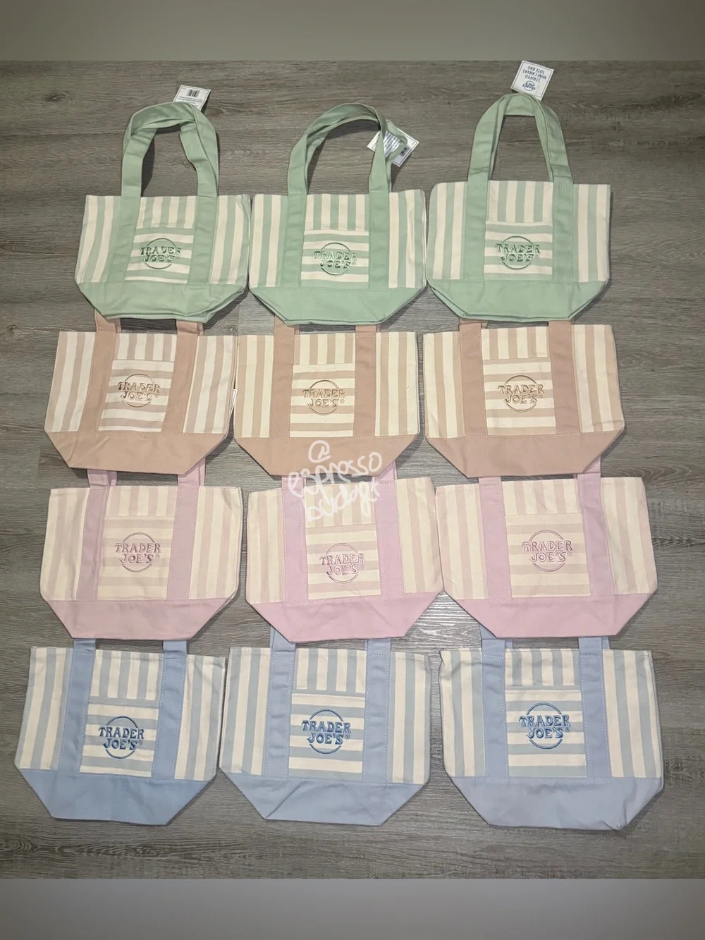 Trader Joe's Set of 12 Mini Tote Bag - Pastel Stripe (Mint, Pink, Blue, Beige) - Picture 1 of 5